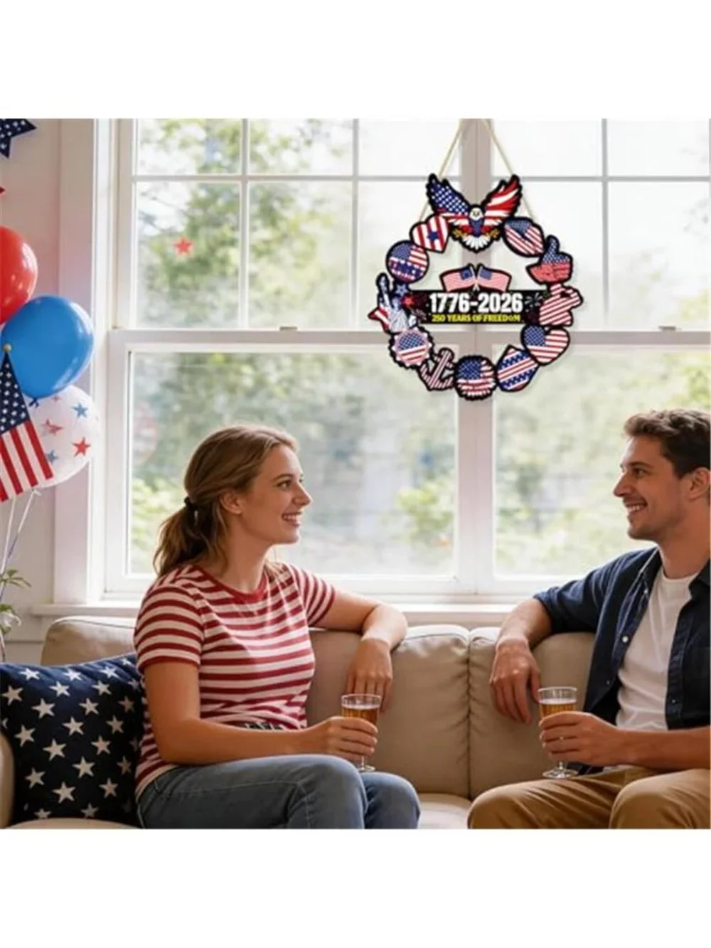 4th of July Door Wreath Wooden American Patriotic Hanging Sign Decor